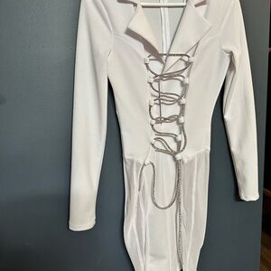 White Long Sleeve Lace-Up Dress